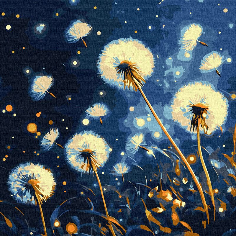 Malen nach Zahlen - Fliegender Löwenzahn am Abendhimmel mit extra Metallic-Farben ©art_selena_ua