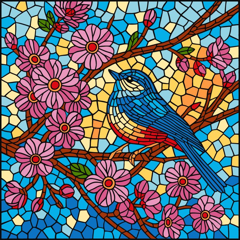 Malen nach Zahlen - Buntglasfenster. Eine Meise ©art_selena_ua