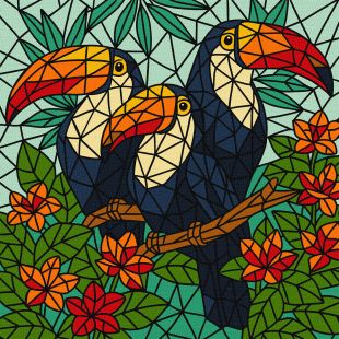 Malen nach Zahlen - Buntglasfenster. Trio von Tukanen ©art_selena_ua