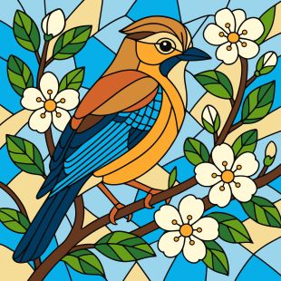 Malen nach Zahlen - Buntglasfenster. Eine Elster ©art_selena_ua