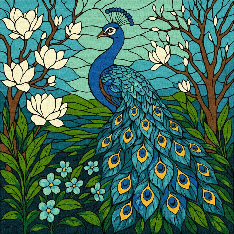 Malen nach Zahlen - Buntglasfenster: Pfau in Magnolie ©art_selena_ua
