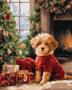 Malen nach Zahlen - Hund neben dem Weihnachtsbaum ©art_selena_ua