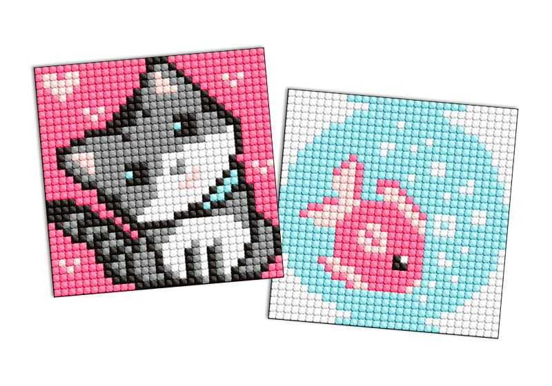Diamond Painting auf einem Magnet - Fisch und Kätzchen, Satz mit 2 Bildern