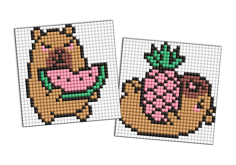 Diamond Painting auf einem Magnet - Capybara: Ananas und Wassermelone, Satz mit 2 Bildern