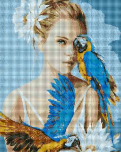 Diamond Painting - Mädchen mit blauen Papageien ©Ira Volkova
