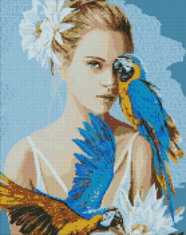Diamond Painting - Mädchen mit blauen Papageien ©Ira Volkova