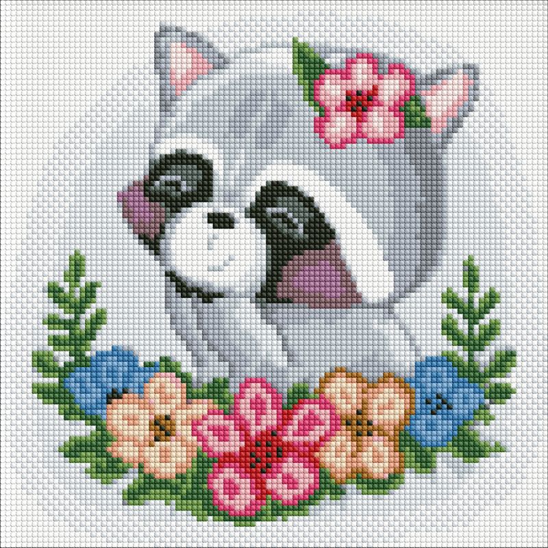 Diamond Painting ohne Rahmen - Blühender Waschbär mit holografischen Strasssteinen (AB)