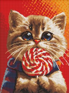 Diamond Painting - Eine Katze mit einem Bonbon mit holografischen Strasssteinen (AB) ©art_selena_ua
